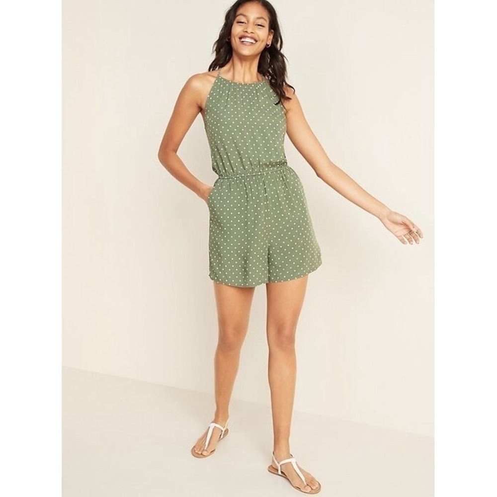 Old Navy Sleeveless Surplice-Back Romper Small‎ 3.5" Inseam Green Dots NWT $35